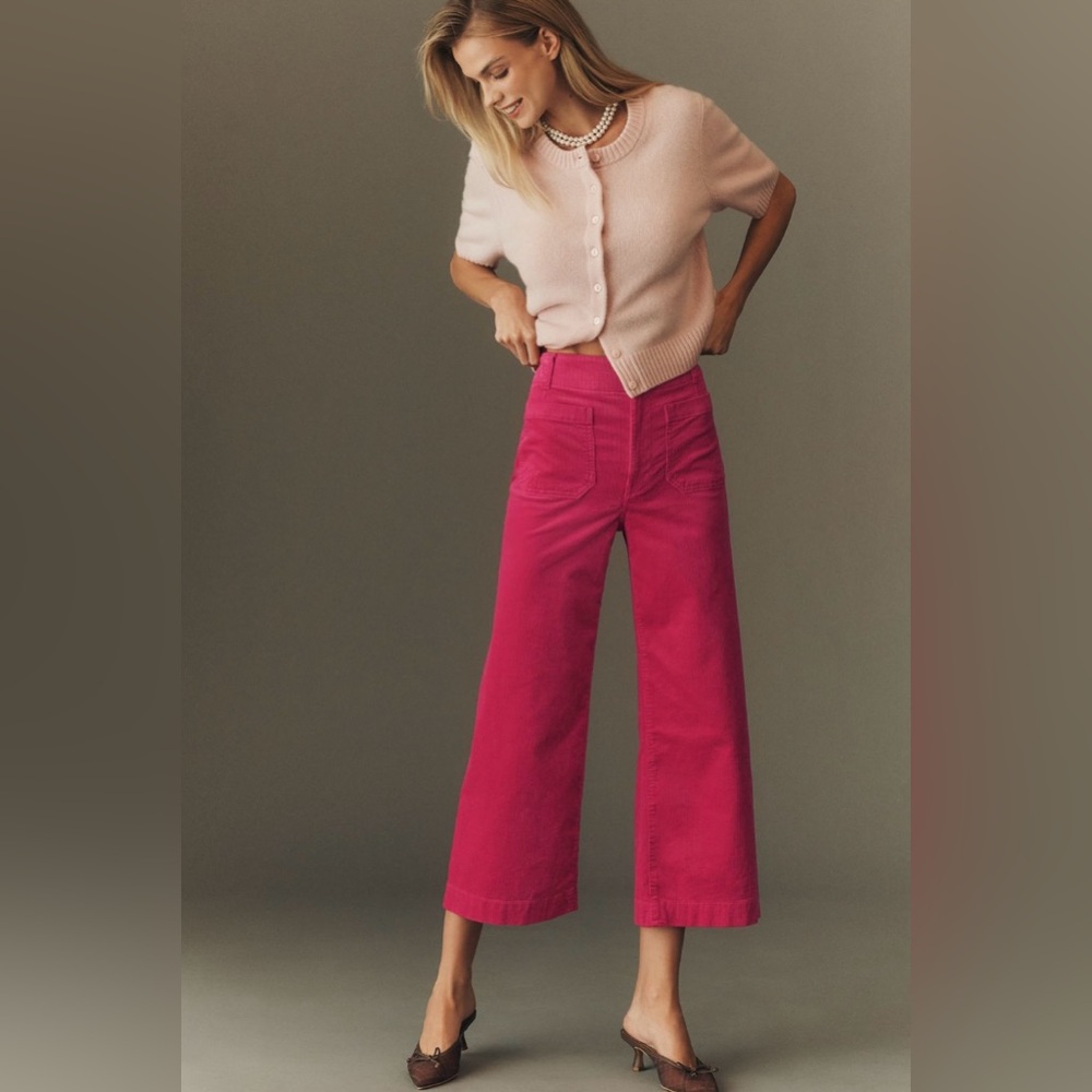 Anthropologie | Maeve The Colette Corduroy Crop Wide-Leg Pants | 27 | Fuchsia - Picture 4 of 8